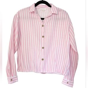Beach Lunch Lounge Womens S Pink Striped Long Sleeve Button Up Blouse Oversized